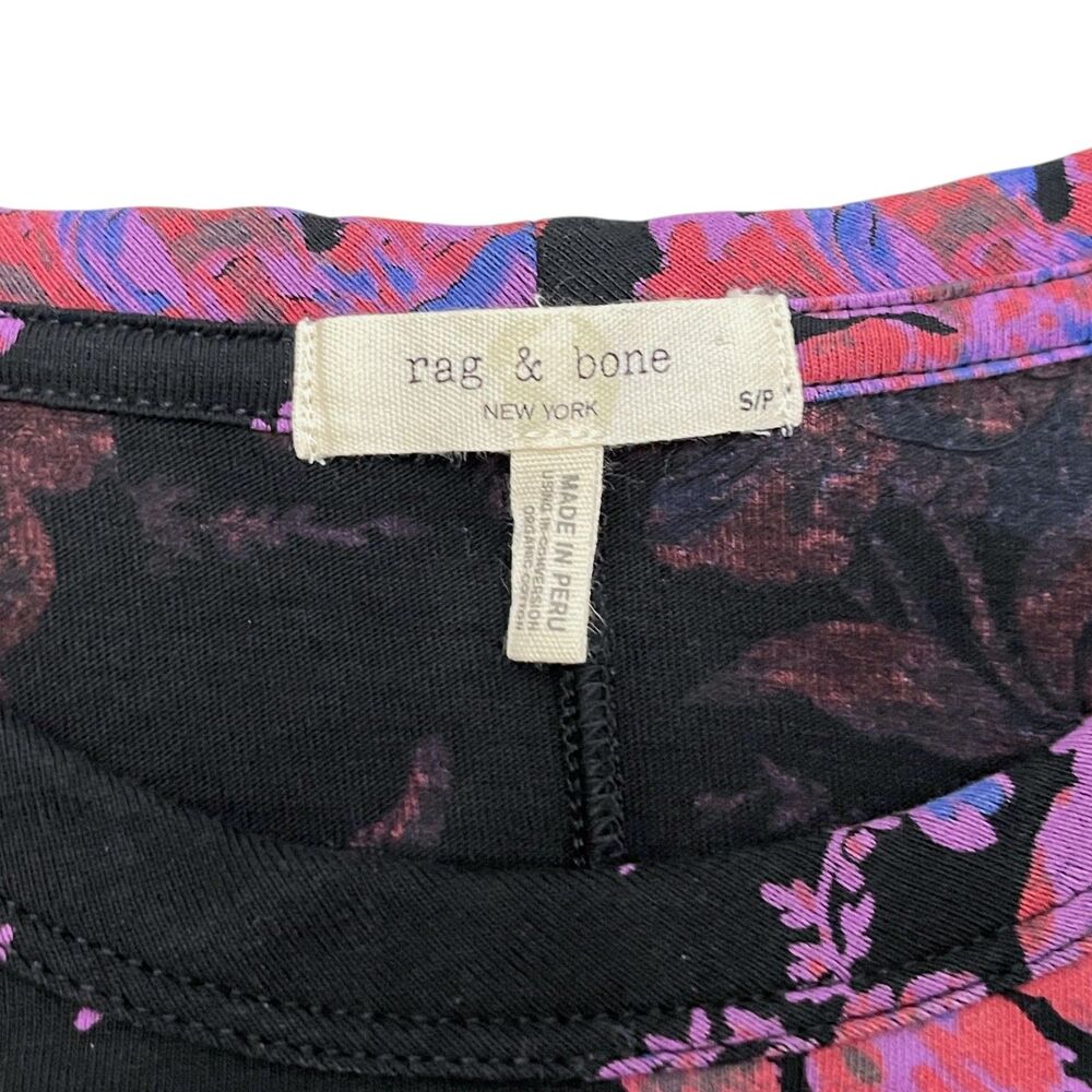 rag & bone Floral T Shirt Women Small Black Pink Organic Cotton Crew Neck - Picture 6 of 9